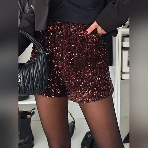 Just Jen Pants - Women's Burgundy Mid-Rise Sequin Shorts